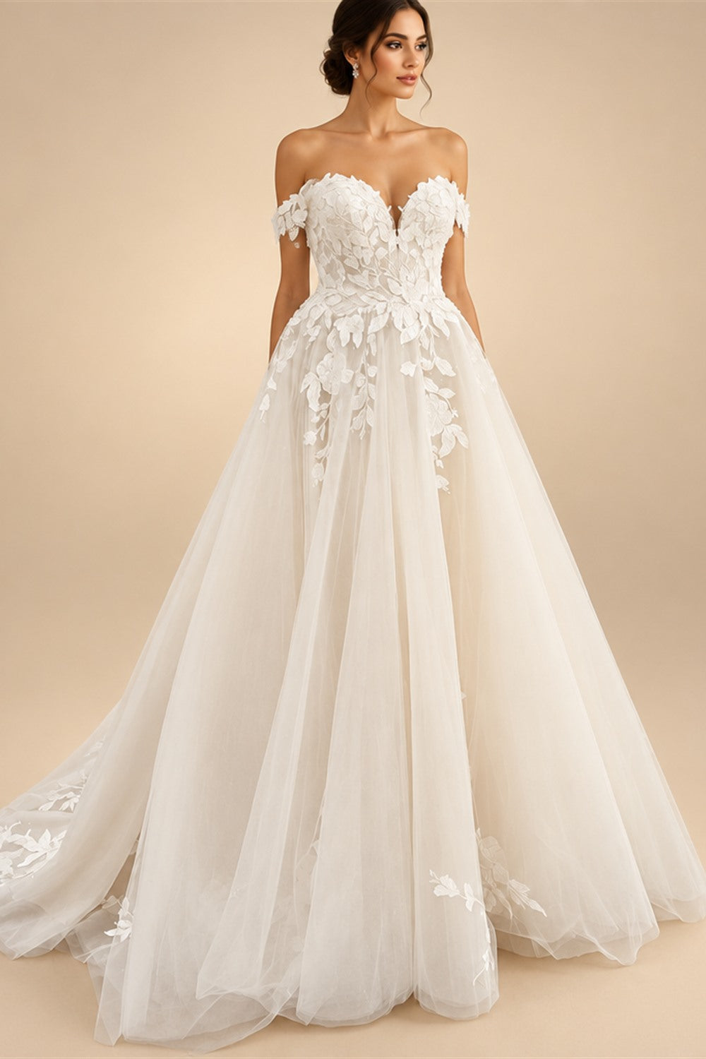 Custom Off Shoulder Wedding Gown With Lace Appliques And Cap Sleeve