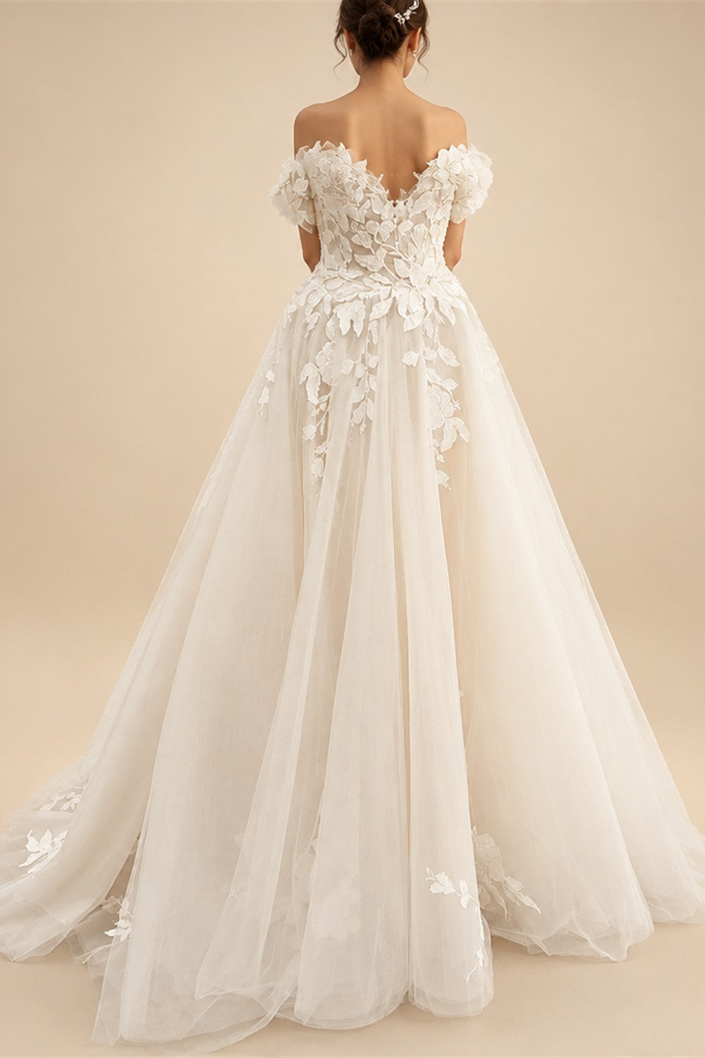 Custom Off Shoulder Wedding Gown With Lace Appliques And Cap Sleeve