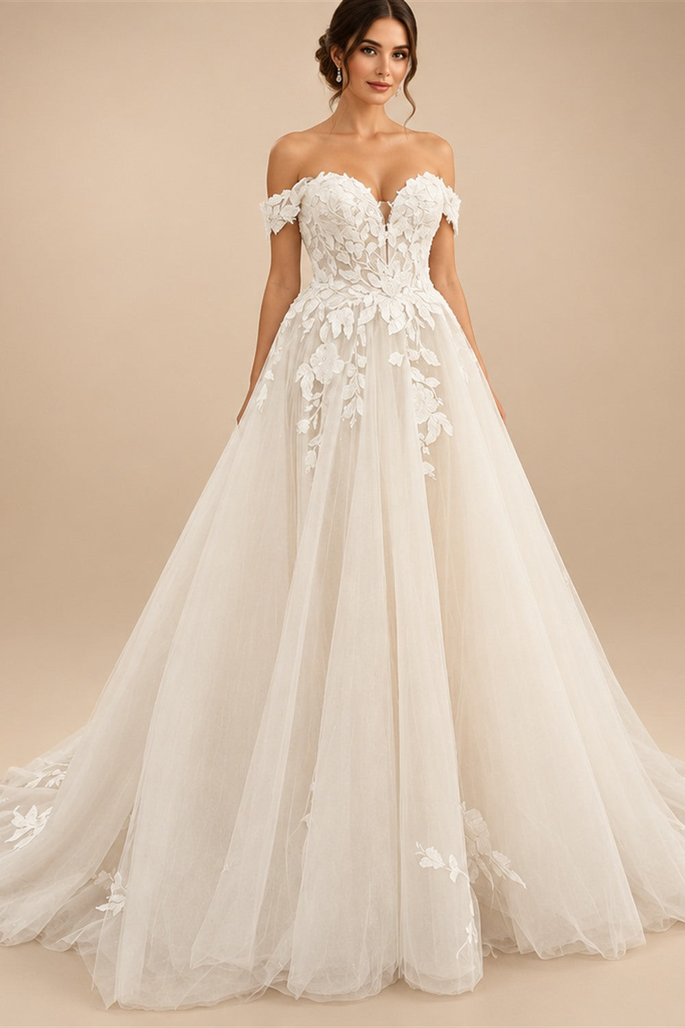 Custom Off Shoulder Wedding Gown With Lace Appliques And Cap Sleeve