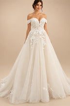 Custom Off Shoulder Wedding Gown With Lace Appliques And Cap Sleeve