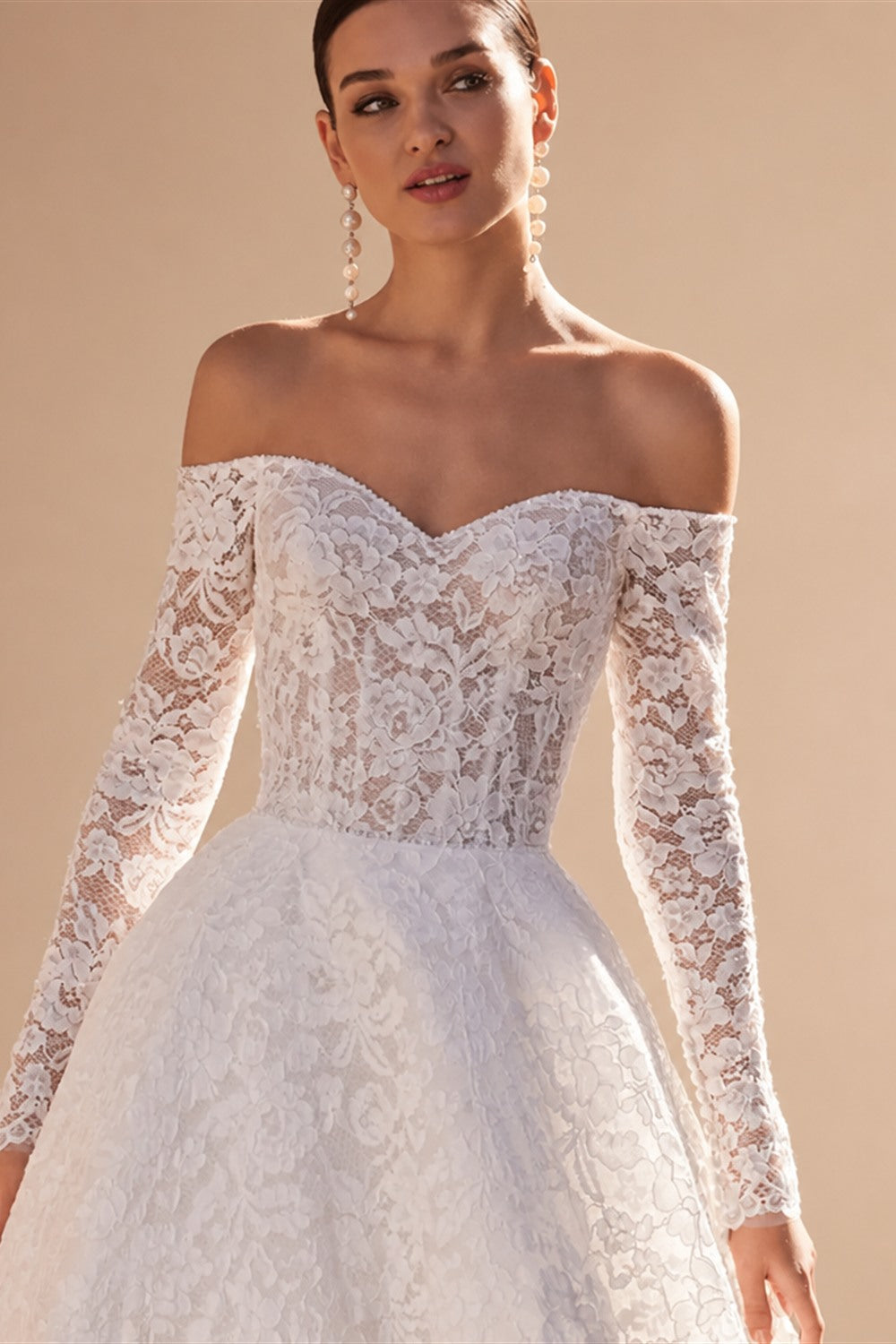 Custom Lace Wedding Dress Long Sleeve Sweetheart Beaded Sweep Train Gown