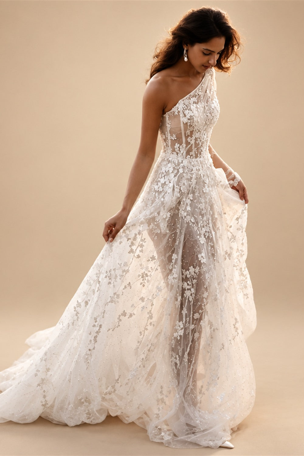 Beach Sexy Boho Wedding Dresses A-Line One Shoulder Long Sleeve Sweep / Brush Train Lace Bridal Gowns With Split Front