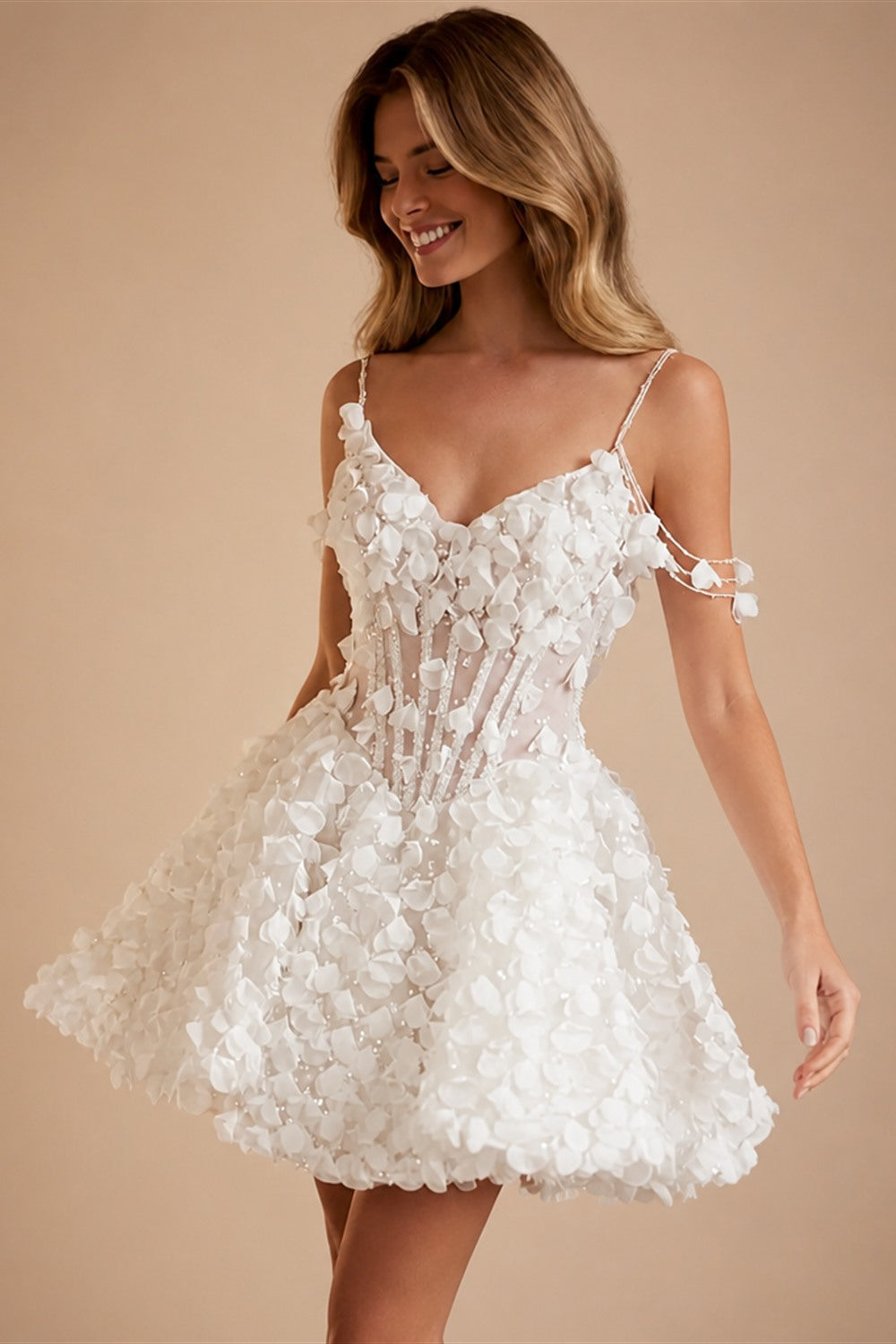 3D Petal Sheer Crystal Corset Mini Wedding Dresses ZP018