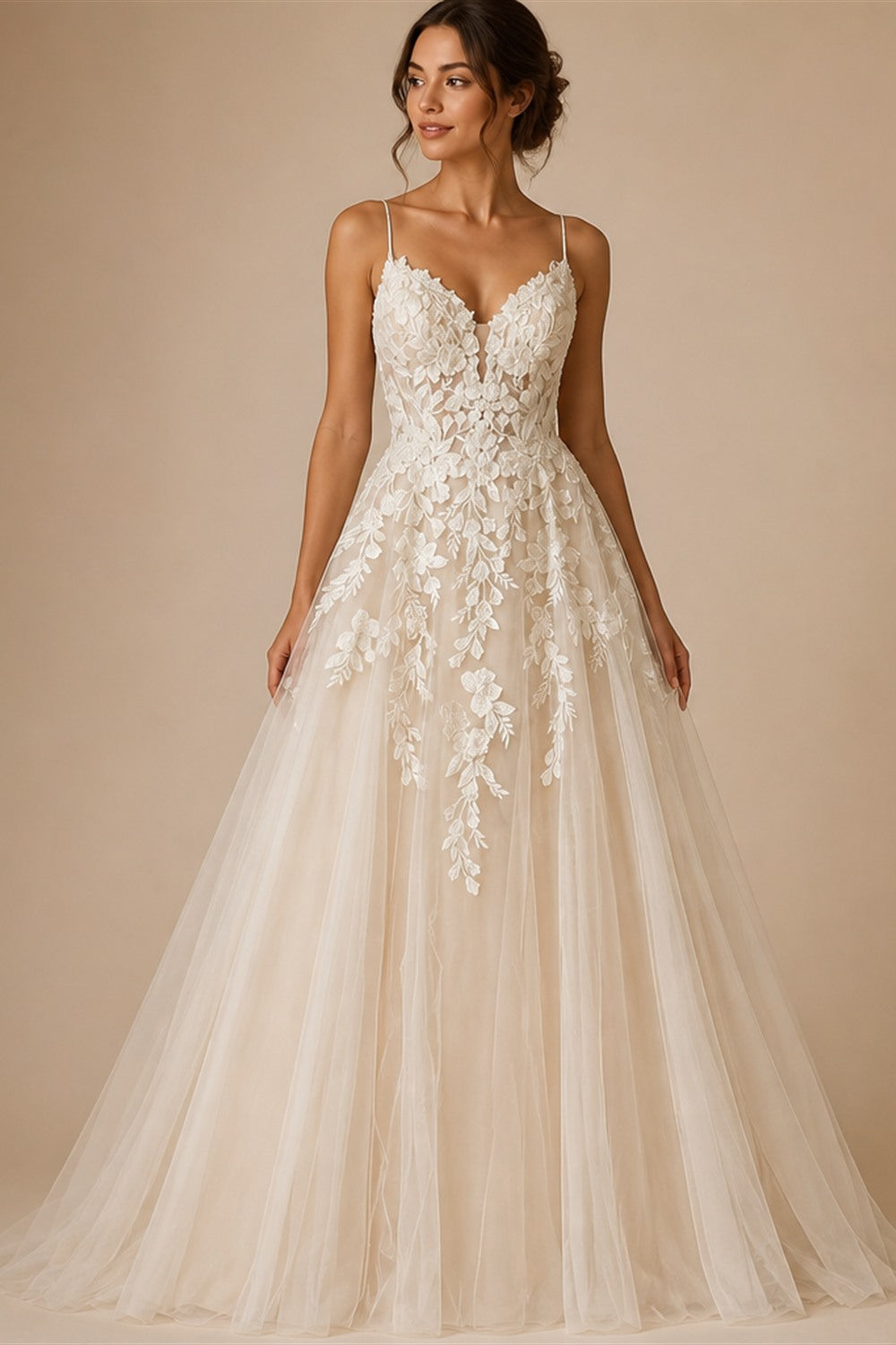 Womens Spaghetti Straps Boho Wedding Dress Lace Bodice Tulle Open Back Gown