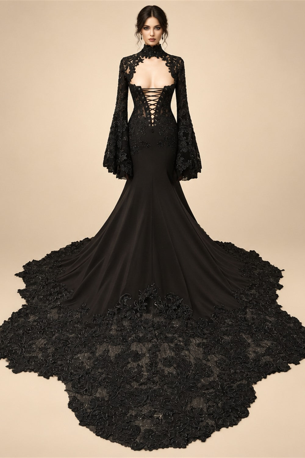 Black Luxury Gothic  Wedding Dress Sheer Lace Mermaid  ZP200