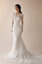 Elegant Ivory Lace High Neck Long Sleeve Train Mermaid Wedding Dress with Veil ZP108