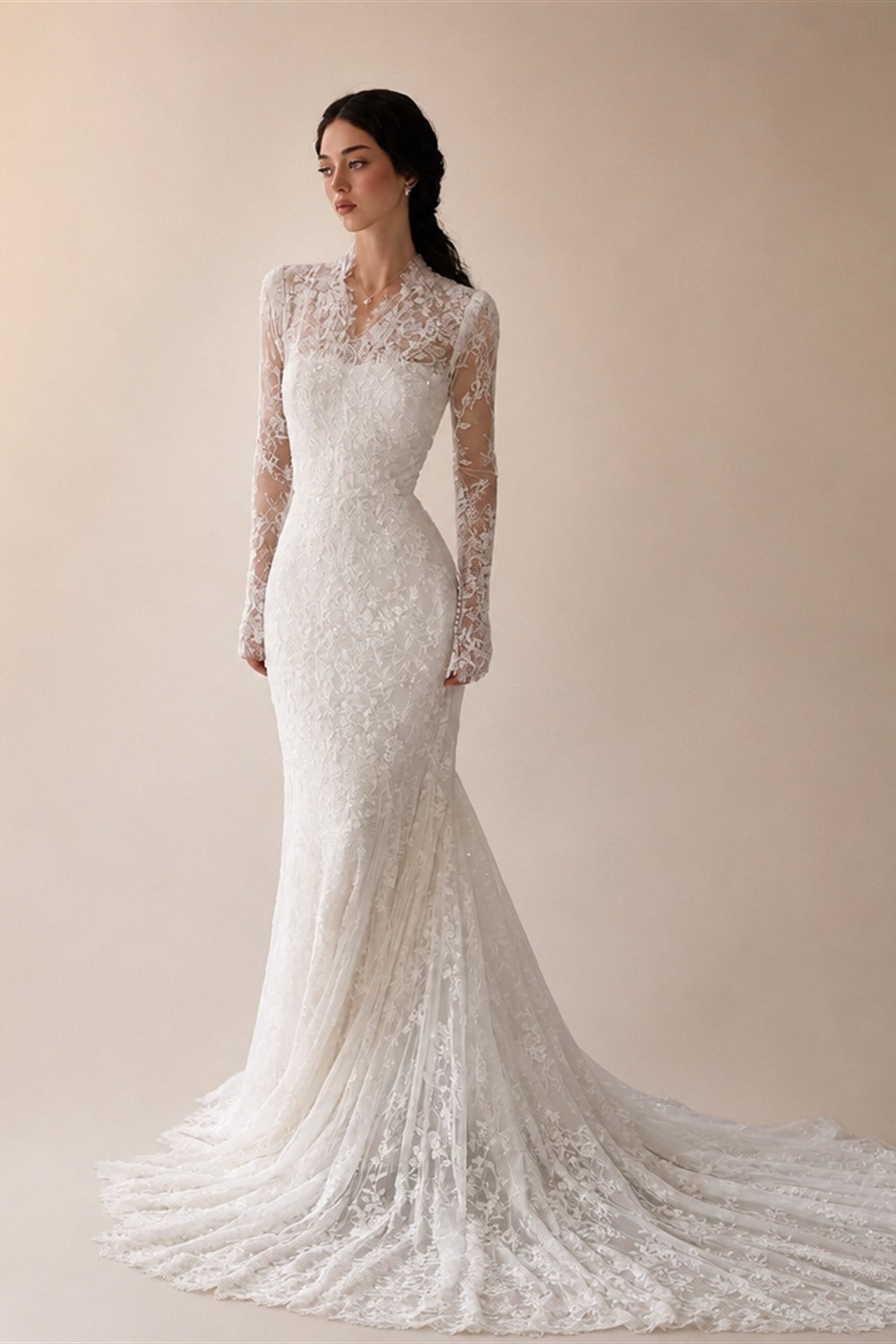 Elegant Ivory Lace High Neck Long Sleeve Train Mermaid Wedding Dress with Veil ZP108