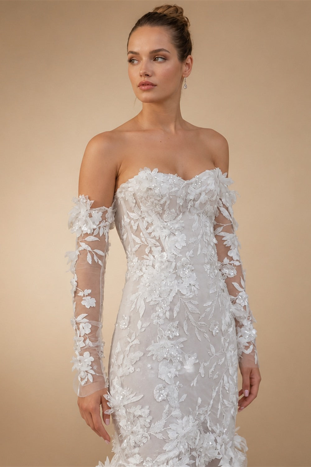 Loverxu Mermaid Sexy Wedding Dresses Strapless Long Sleeve Vestido De Novia Beading Appliques 3D Flowers Custom Made Bridal Gown