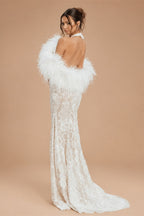 White Halter Backless Lace Mermaid Wedding Dress with Feather Shawl ZP003