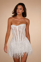 Kyoto Customized White Lace Tassel Mini Wedding Dress Strapless Sheath vestidos de noiva Lace-up Back After Party Dresses 2025