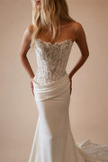 Luxury White Strapless Beaded Fringe Bodice Satin Mermaid Wedding Dress ZP091