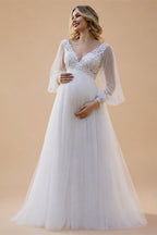 White Ivory Wedding Dress for Pregnant Bride Customized Puff Sleeve V Neck See Through Empire Bridal Gown Lace-up Robe De Mariee
