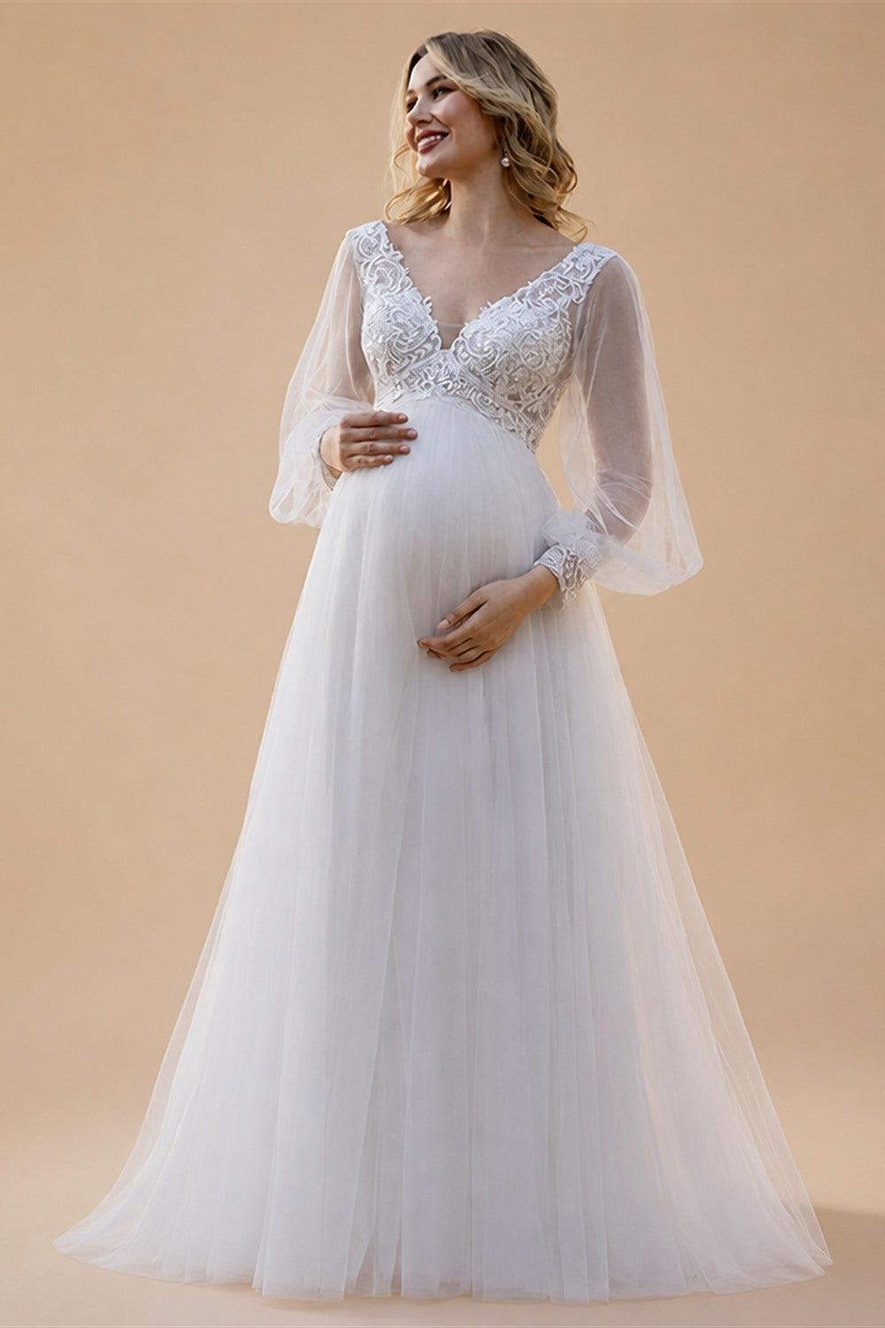 White Ivory Wedding Dress for Pregnant Bride Customized Puff Sleeve V Neck See Through Empire Bridal Gown Lace-up Robe De Mariee