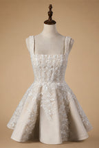 Romantic Champagne Sleeveless A-Line Short Wedding Dress with Deep V Back ZP046