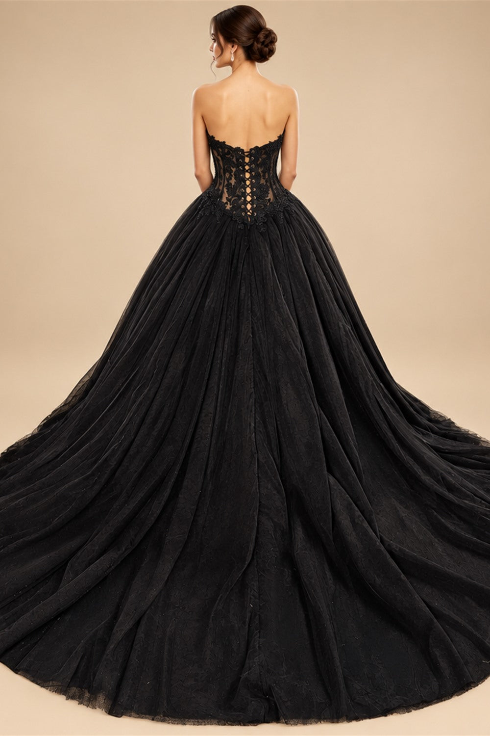 Black Lace Heavy Gothic Beading Wedding Dress Ballgown Corset Closure  ZP202