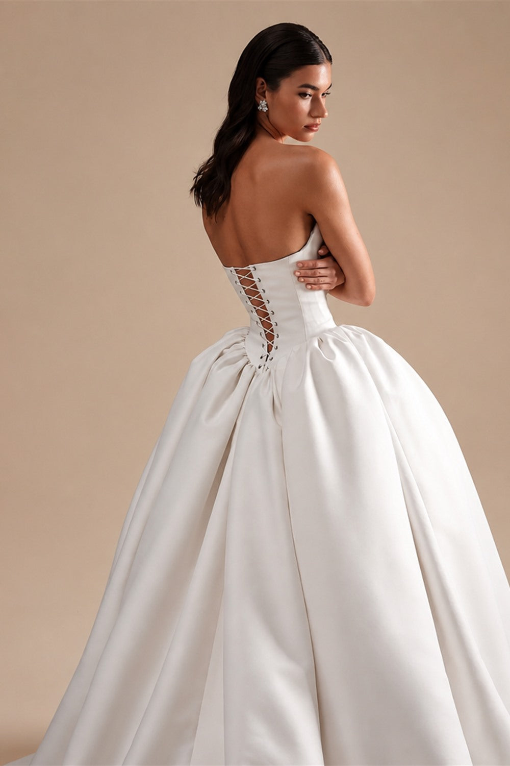 Luxury White Satin Deep V Strapless Ball Gown Wedding Dress ZP147