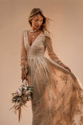Customized Boho Lace Embroidered Long Sleeve Wedding Dress Deep V Neck and Flowy Lace Skirt for Beach Bridal Dress