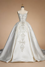 White Satin Strapless Ball Gown Wedding Dress with Luxurious Beaded Lace and Cathedral Train ZP016