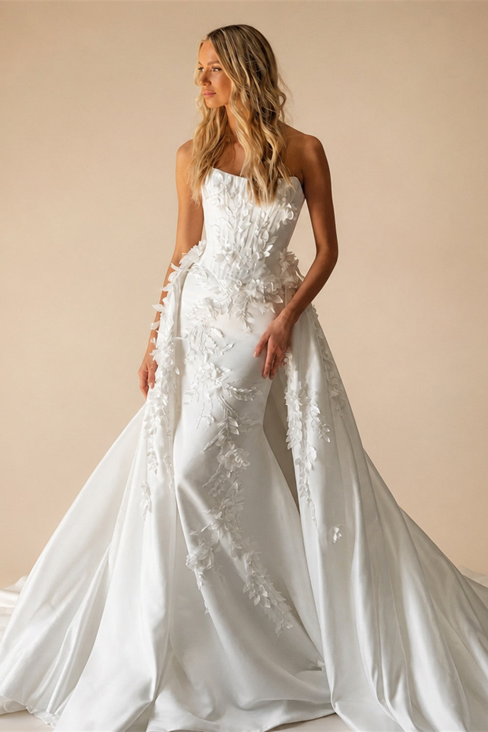 Romantic White Strapless 3D Floral Lace Mermaid Wedding Dress with Overskirt ZP090