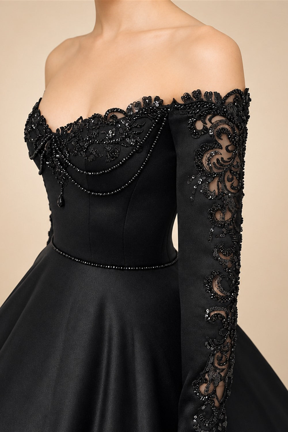Black Luxury Gothic Wedding Dress Heavy Beading Lace Ball Gown ZP198