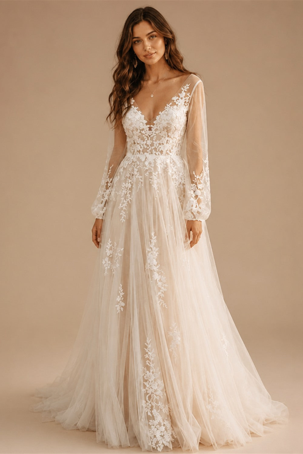 Romantic Puff Long Sleeve Boho Wedding Dress Low Open Back Tulle Bridal Gowns A Line Lace Applique Wedding Gowns Customized