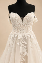 Custom Off Shoulder Wedding Gown With Lace Appliques And Cap Sleeve