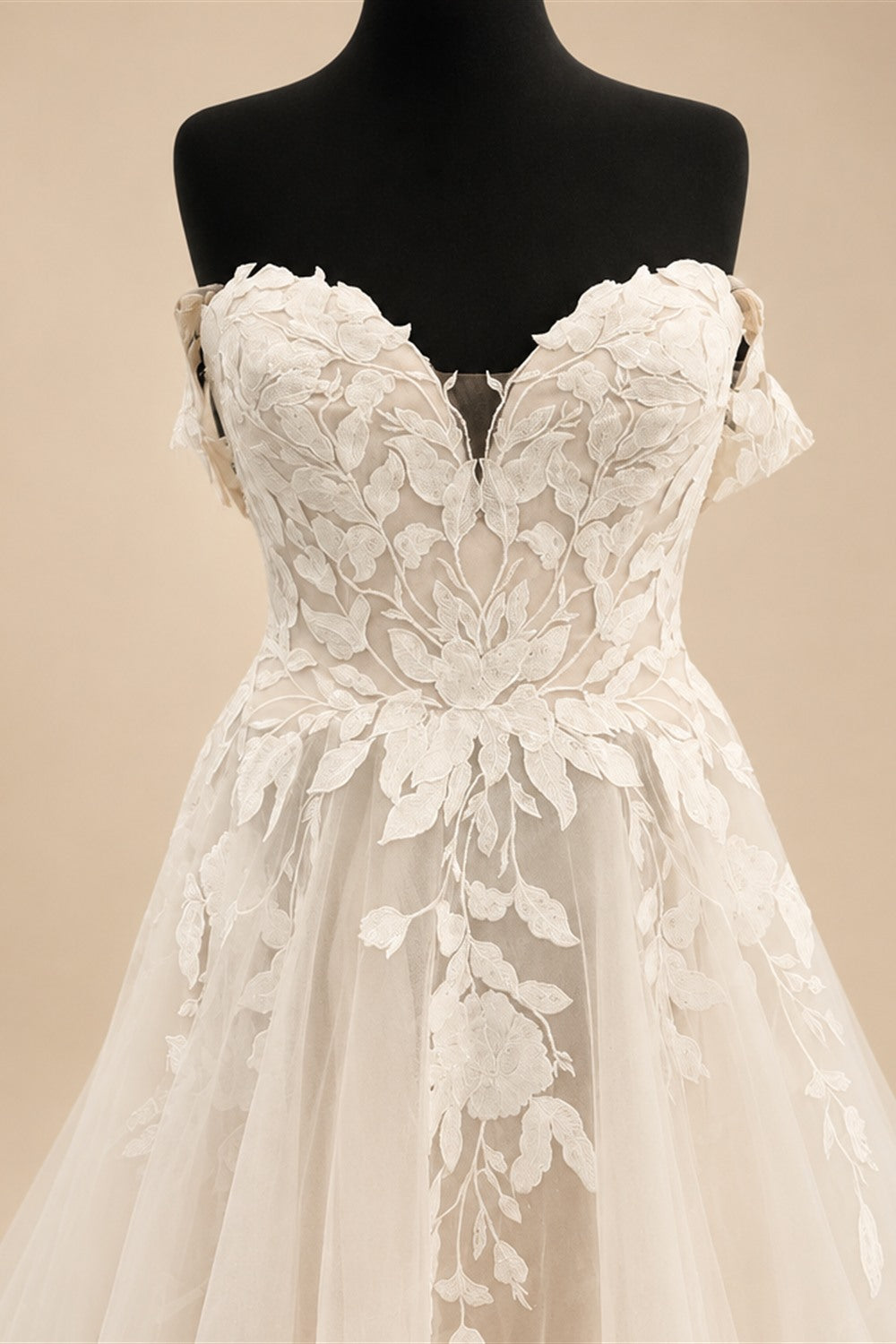 Custom Off Shoulder Wedding Gown With Lace Appliques And Cap Sleeve