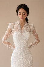 Elegant Ivory Lace High Neck Long Sleeve Train Mermaid Wedding Dress with Veil ZP108