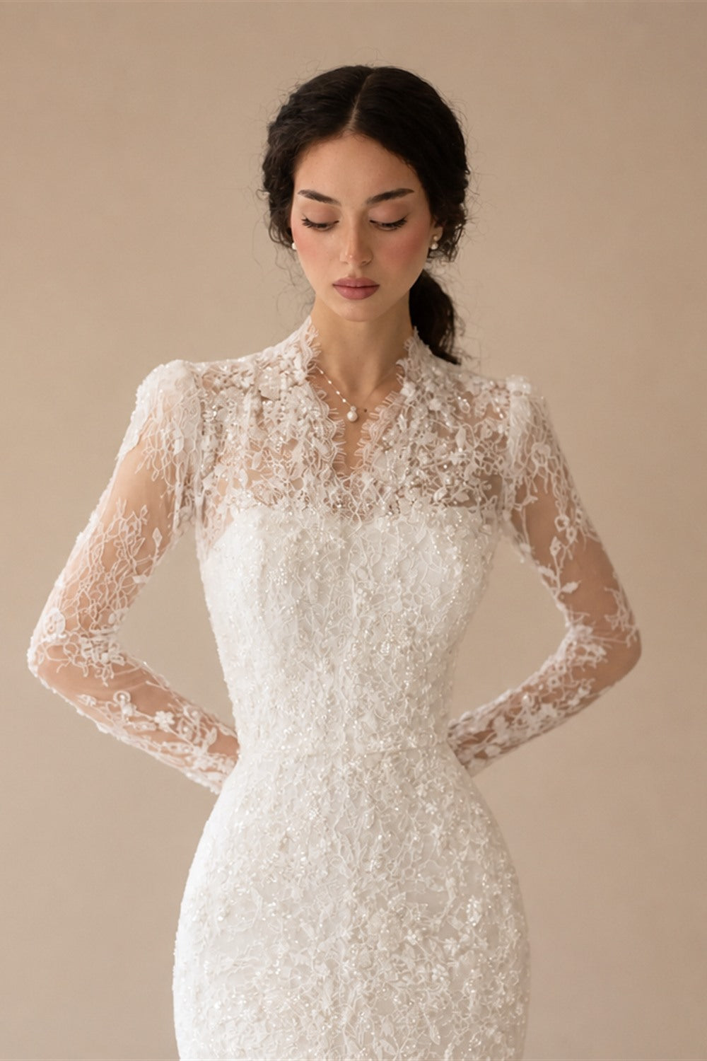 Elegant Ivory Lace High Neck Long Sleeve Train Mermaid Wedding Dress with Veil ZP108