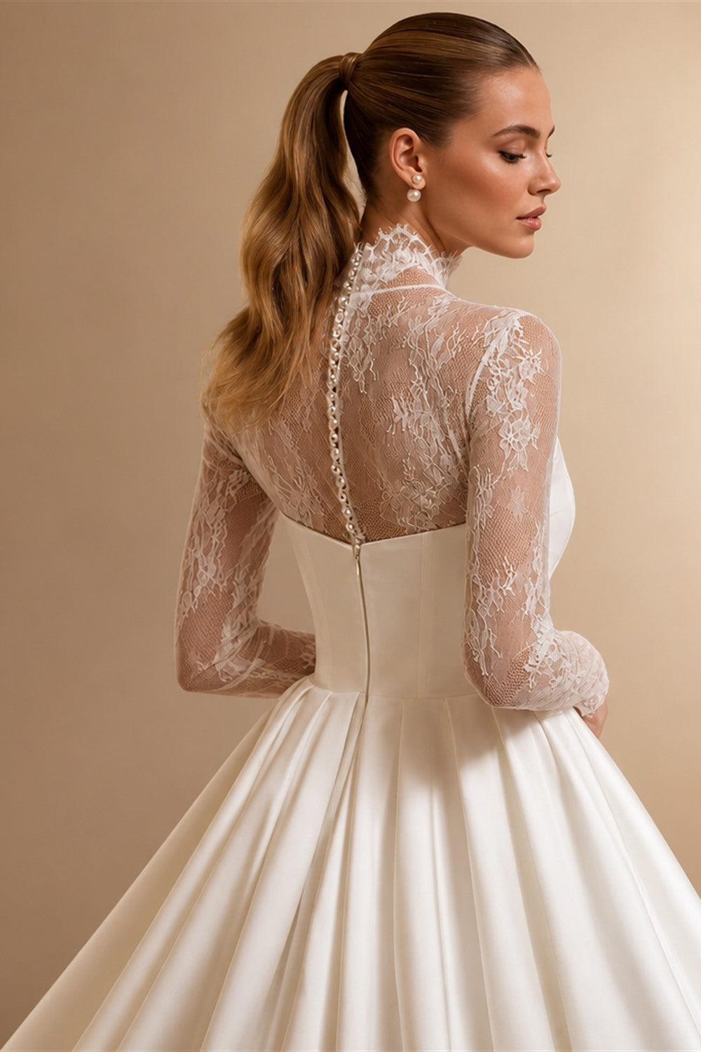 Customized Wedding Dress Vestido De Noiva Fashion High Neck Long Sleeves Top Lace Satin Bridal Gown Sweep TrainRobe Mariee