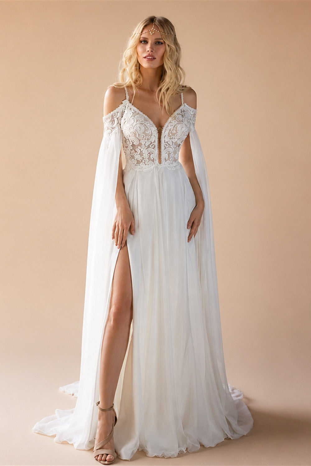 Beach Wedding Dresses Sexy V-Neck Spaghetti Straps High Side Slit Bride Dress 2025 Lace Appliques Beaded Ribbons Bridal Gown New