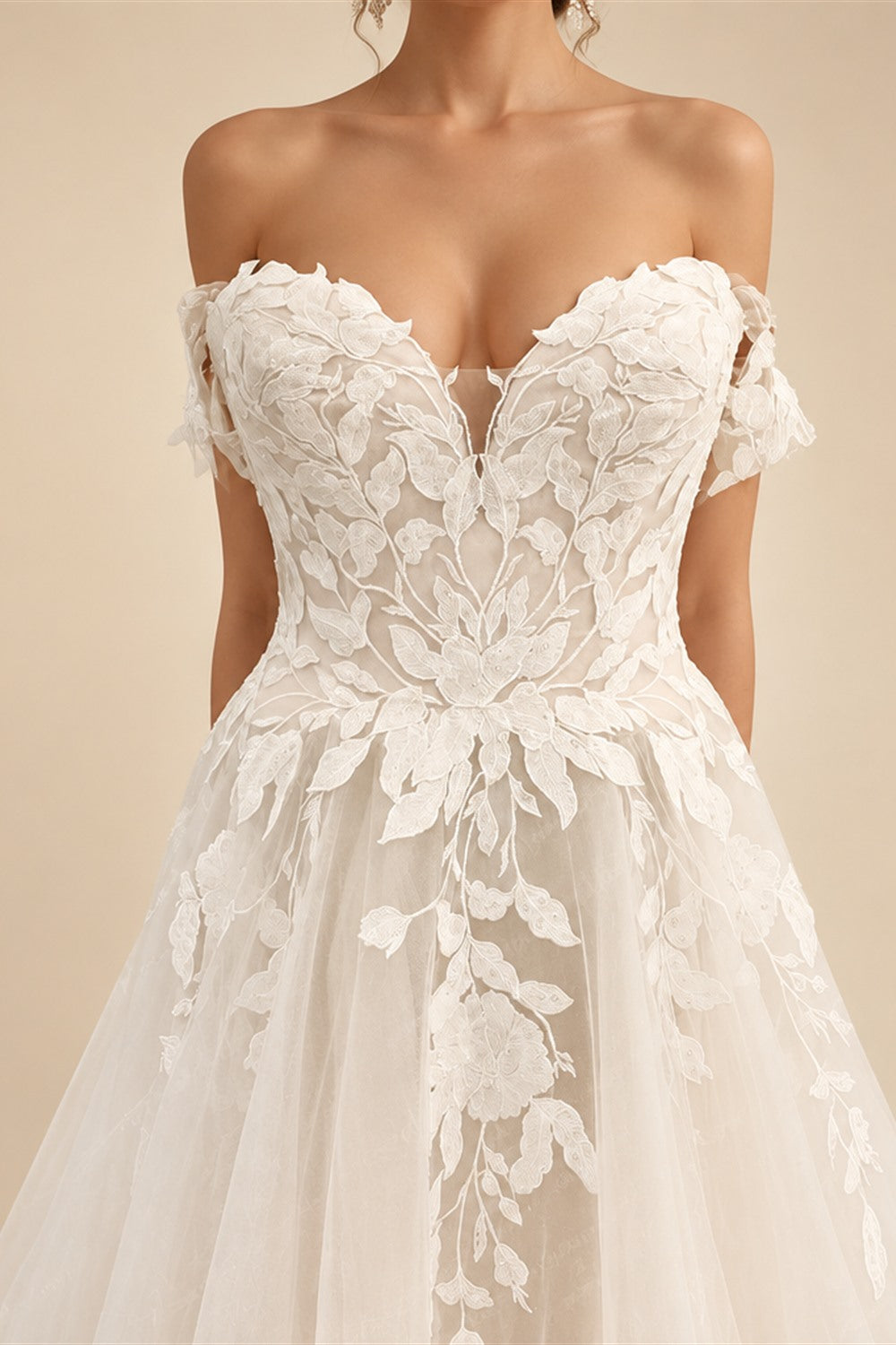 Custom Off Shoulder Wedding Gown With Lace Appliques And Cap Sleeve