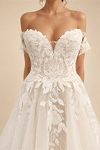 Custom Off Shoulder Wedding Gown With Lace Appliques And Cap Sleeve