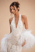 White Halter Backless Lace Mermaid Wedding Dress with Feather Shawl ZP003