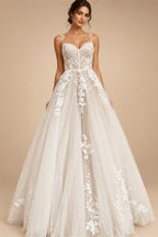 Princess Lace Wedding Dress Bridal Robe 2024 Vestido Spaghetti Straps Chapel Train Champagne Tulle Wedding Gown (ZD02147)