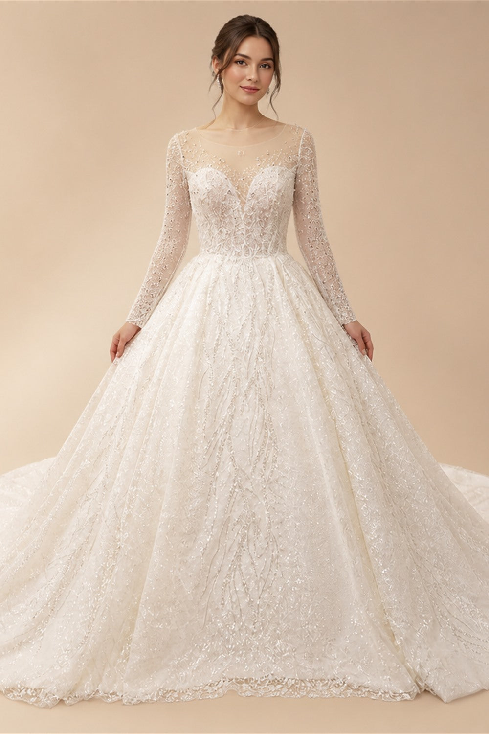Ashley Carol Luxury Wedding Dresses For Women Real Photos Long Sleeve Princess Sparkling Beaded Bridal Dress Vestidos De Novia