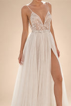 JEHETH Beautiful Applique A-Line Embroidered Yarn Halter Backless Wedding Dress Sexy V-Neck Floor-Length Slit 2024 Bridal Dress