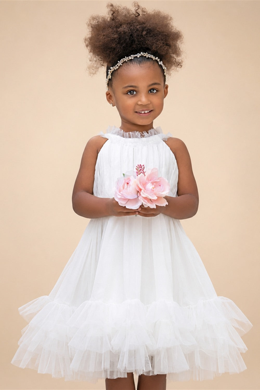 Ivory Chiffon Tulle Knee Length Sleeveless Ruffled Flower Girl Dress