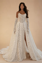 Fashion Full Lace Wedding Dress 3/4 Sleeve Strapless Gown with Front Split Custom Made Vestido De Noiva