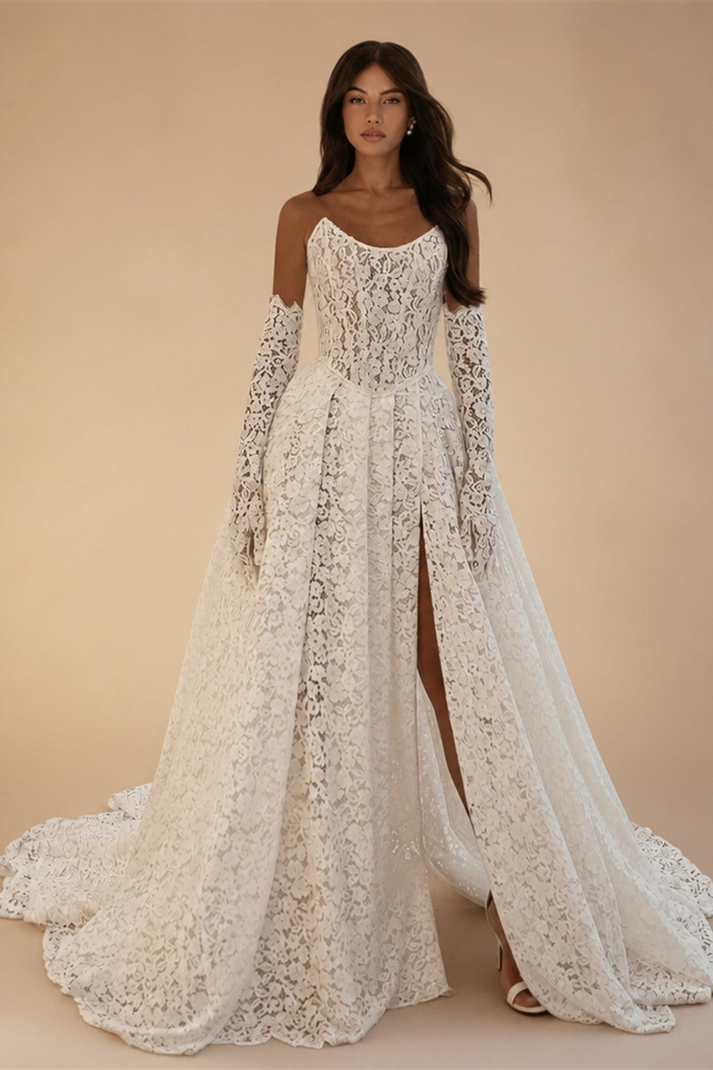Fashion Full Lace Wedding Dress 3/4 Sleeve Strapless Gown with Front Split Custom Made Vestido De Noiva