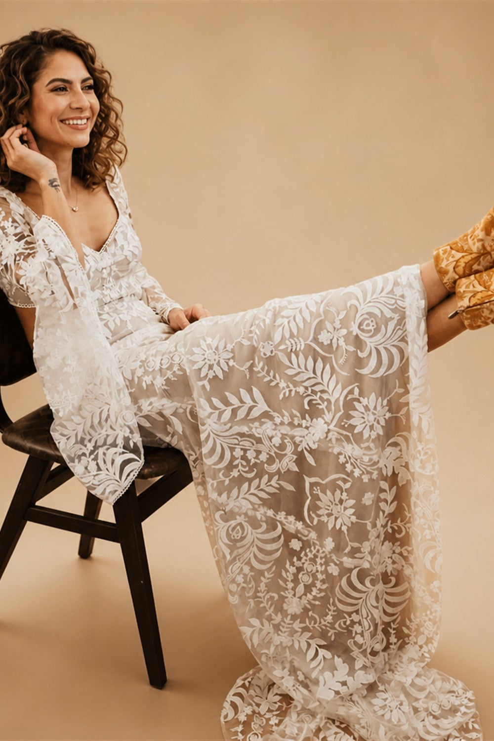 Boho Long Batwing Sleeves Lace Wedding Dress Drop Ship Customized Mermaid Rustic Beach 2026 Square Neck Open Back Bridal Gowns