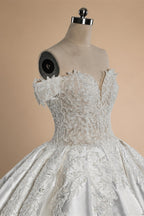 Luxury White Off-the-Shoulder Lace Satin Ball Gown Wedding Dress ZP069