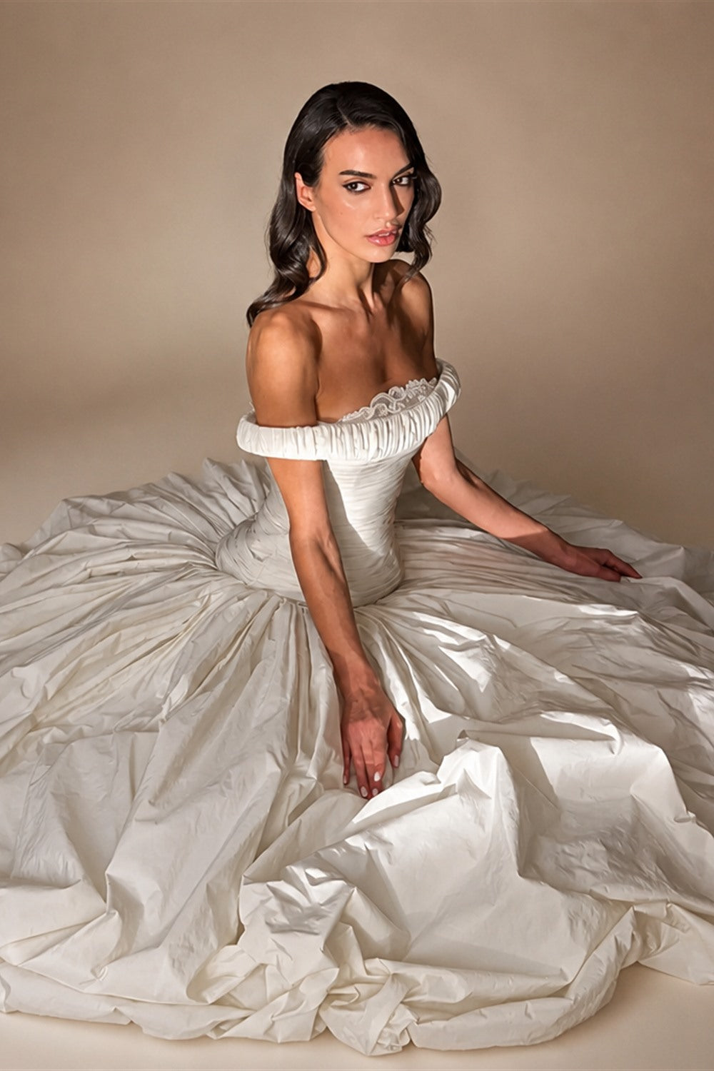 Elegant Ivory Strapless Ruched Satin Ball Gown Wedding Dress ZP070