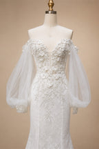 White  Off‑The‑Shoulder Puff Sleeve 3D Floral Mermaid Wedding Dress ZP005