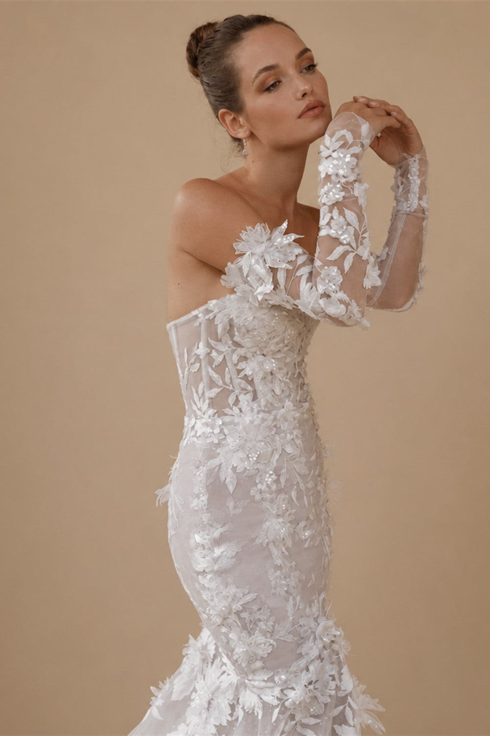 Loverxu Mermaid Sexy Wedding Dresses Strapless Long Sleeve Vestido De Novia Beading Appliques 3D Flowers Custom Made Bridal Gown