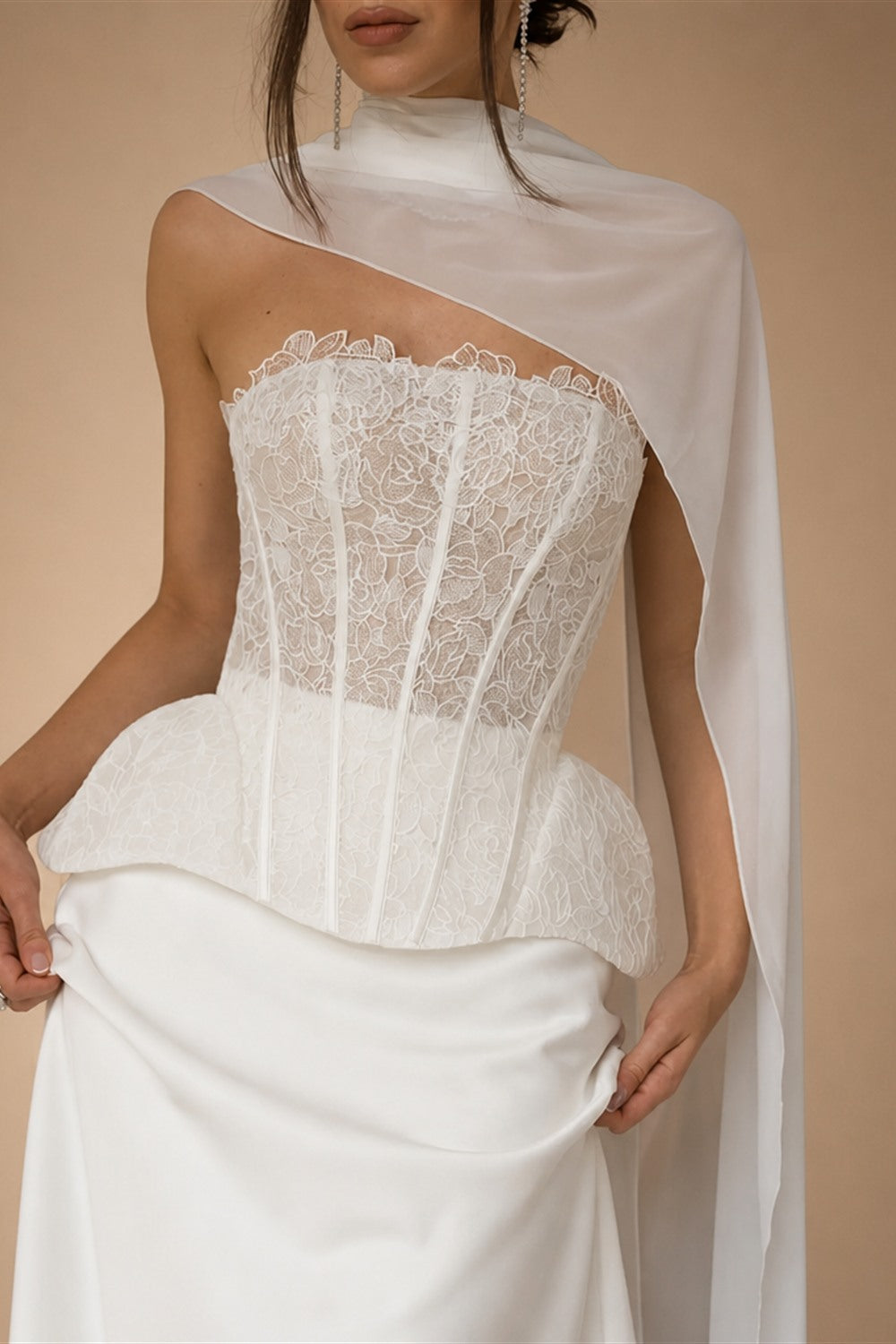 Strapless Lace Corset Wedding Dresses with Scarf ZP024