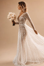 Mordern V- Neck Sequins Wedding Dresses Long Sleeves Floor Length Backless Bridal Gowns Robe De Marié