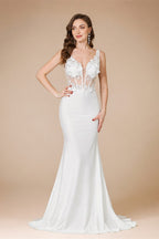 MisShow Elegant Straps White Mermaid Wedding Dresses Lace Pearls Backless V Neck Sleeveless Formal Party Gowns Vestido Marriee