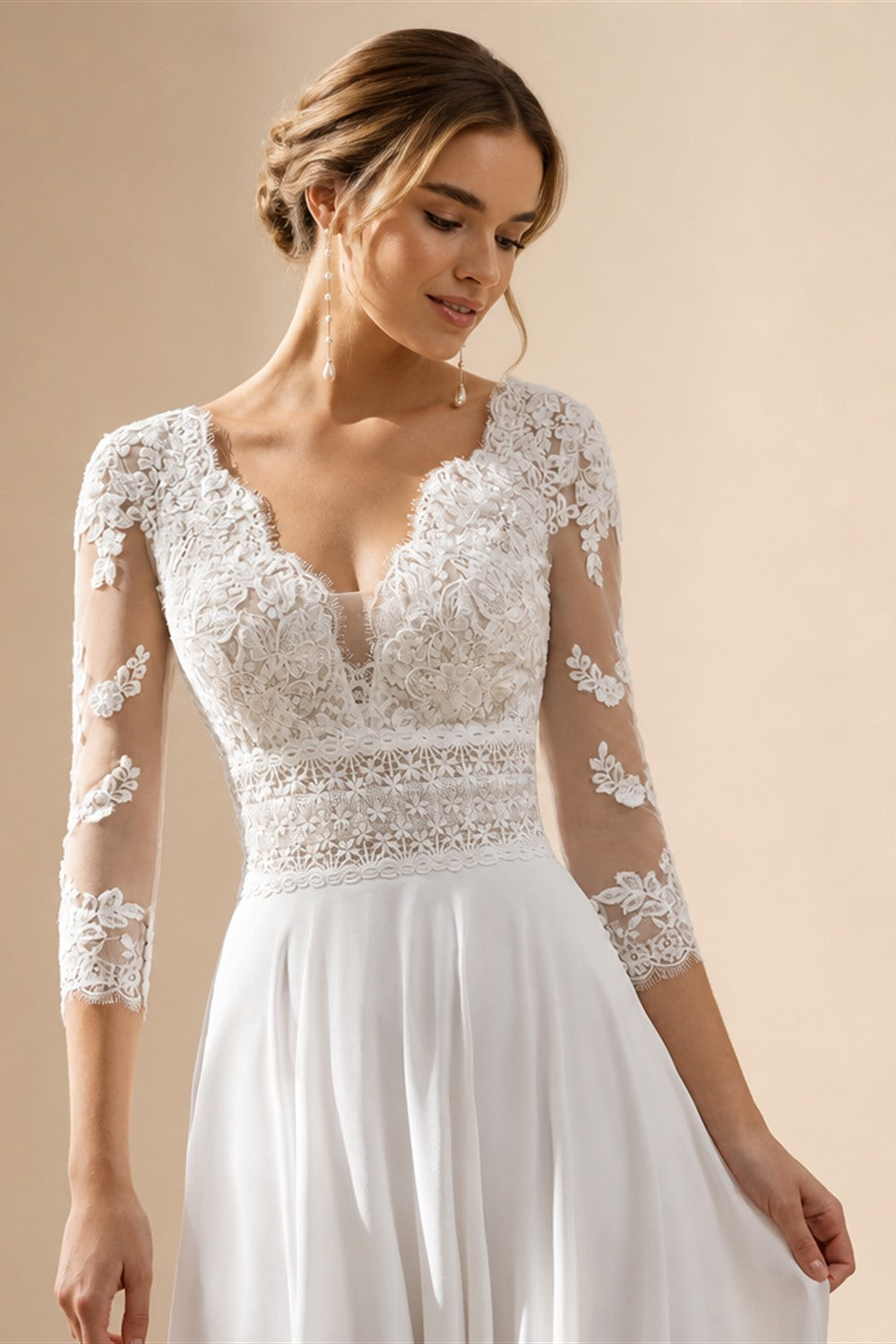 Latest Summer Boho Wedding Dresses Lace Beach Bridal Gowns 2024 Bride Dress V Neckline Wedding Gowns 3/4 Sleeves Illusion Back