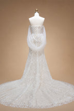 White Nude Lace Mermaid Wedding Dress Luxury Beaded Sequins   Tulle Gloves ZP032